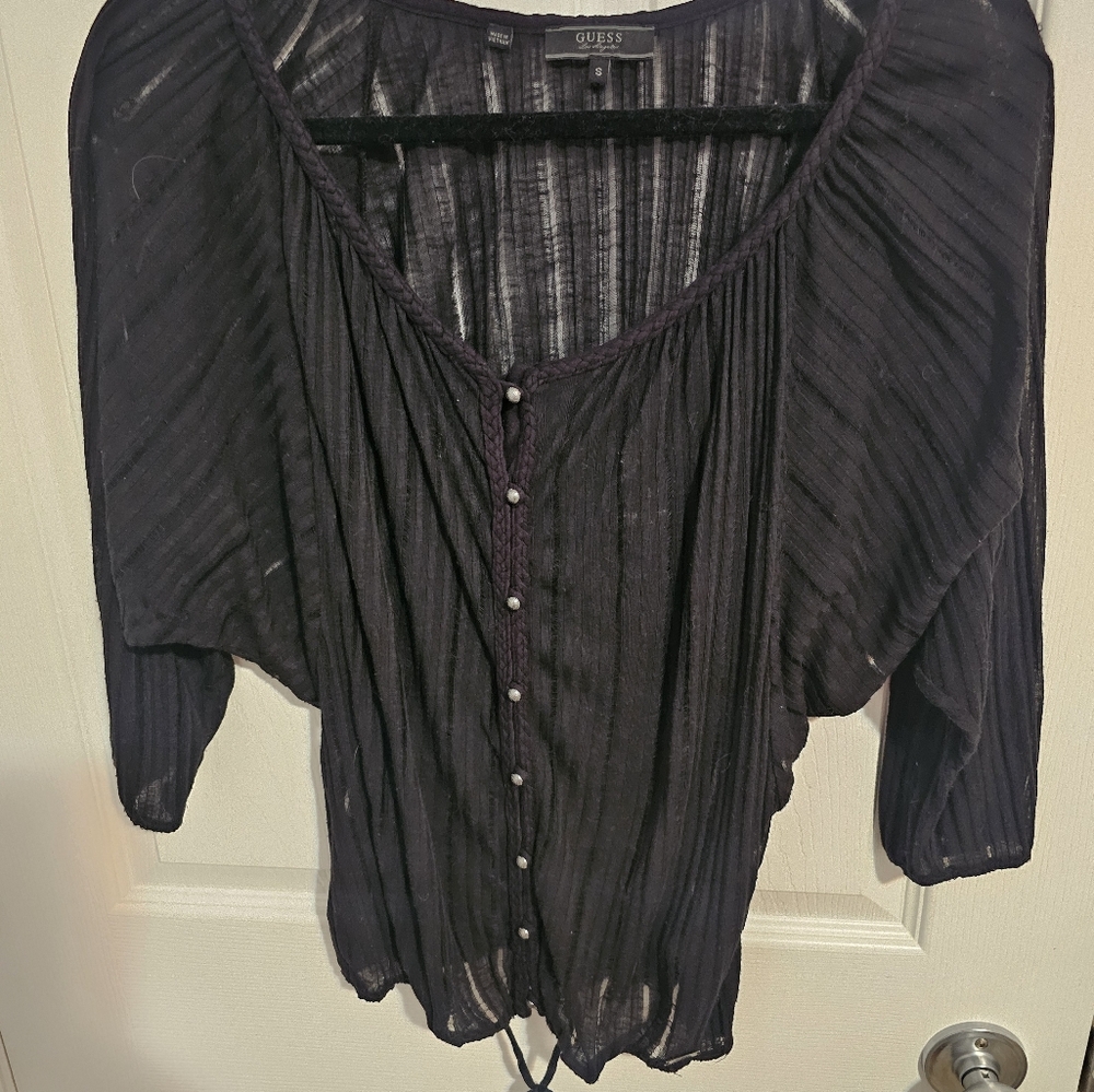 GUESS Sheer Black Button-Up Top Womens Size S
